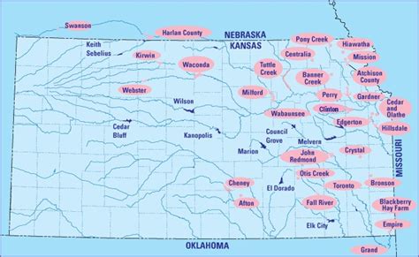 Kansas reservoirs map - Waconda Lake is located at 39°29′27″N 98°22′22″W (39.4909653, -98.3728538) at an elevation of 1,453 feet (443 m). [4] It lies in north-central Kansas in the Smoky Hills region of the Great Plains. [5] Most of Waconda Lake lies in Mitchell County with a small portion of its northwestern arm extending into Osborne County.